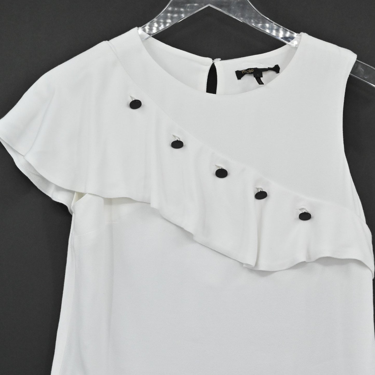 MAJE Womens Lorena White Ruffle Top Size S Sleeveless Coquette Black Buttons