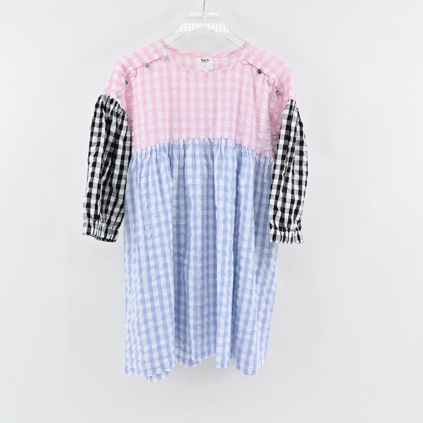 TACH Clothing Dress Sz S Catarina Babydoll Colorblock Gingham Cotton Puff Sleeve