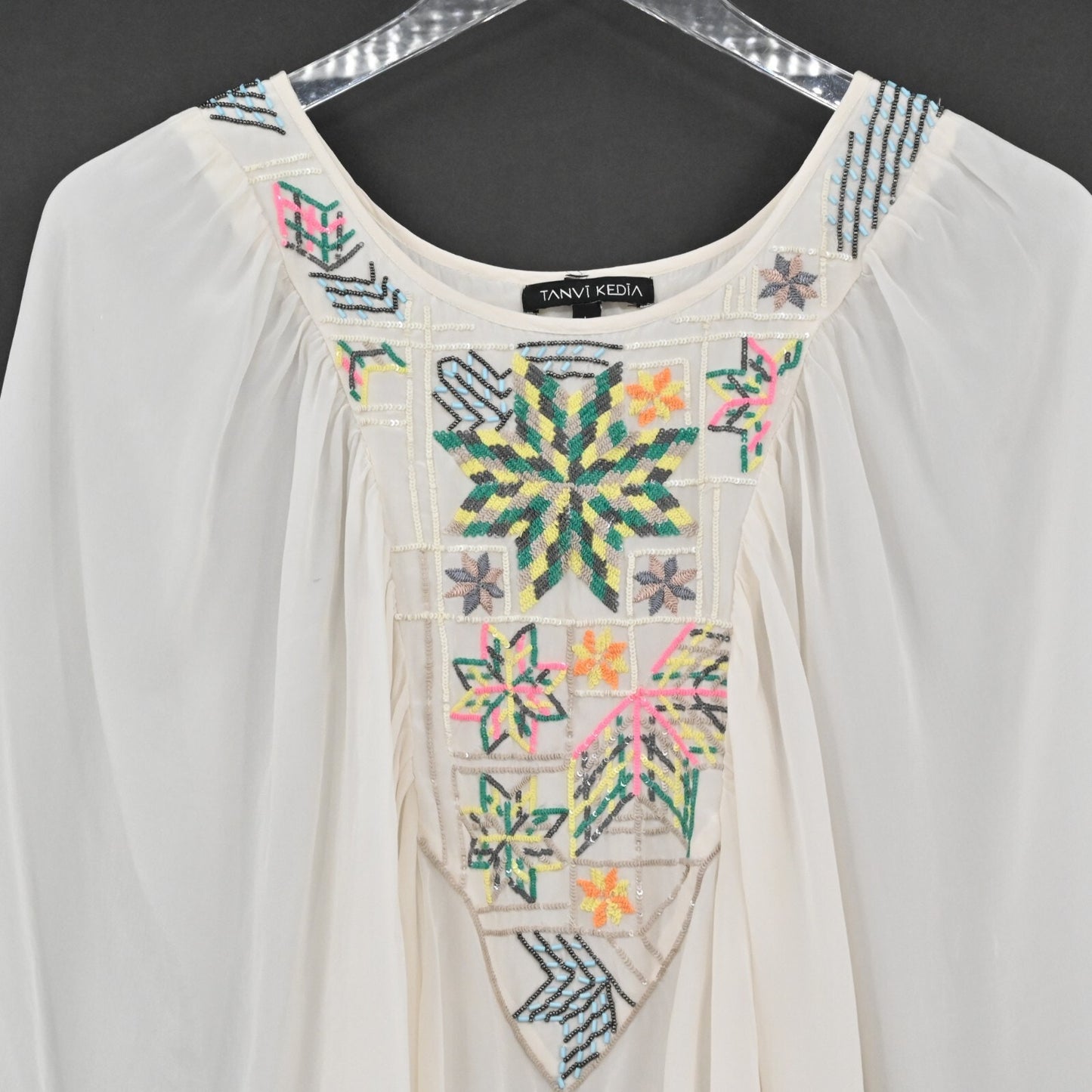 ANTHROPOLOGIE Womens Beaded Sequin Top Size L Tanvi Kedia Kashida Dolman Blouse