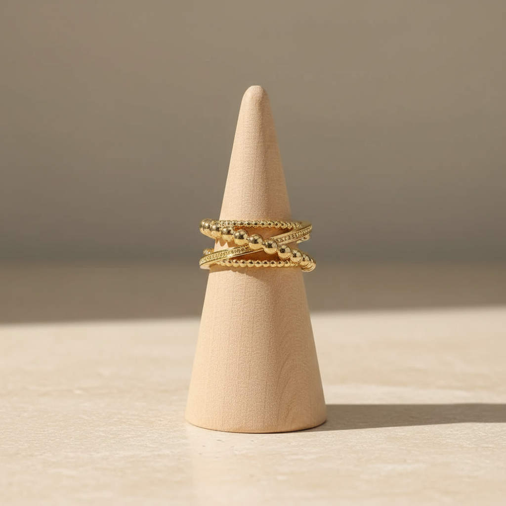 Stainless Steel Layered Beaded Wrap Adjustable Open Ring Gold Plated