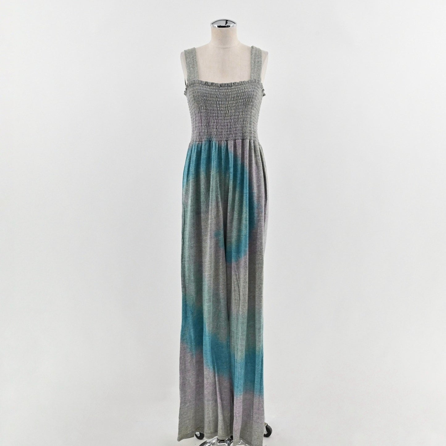 CHASER Womens Smocked Tie Dye Jumpsuit Size L Gray Blue Wide Leg Comfy Hippie