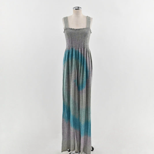 CHASER Womens Smocked Tie Dye Jumpsuit Size L Gray Blue Wide Leg Comfy Hippie
