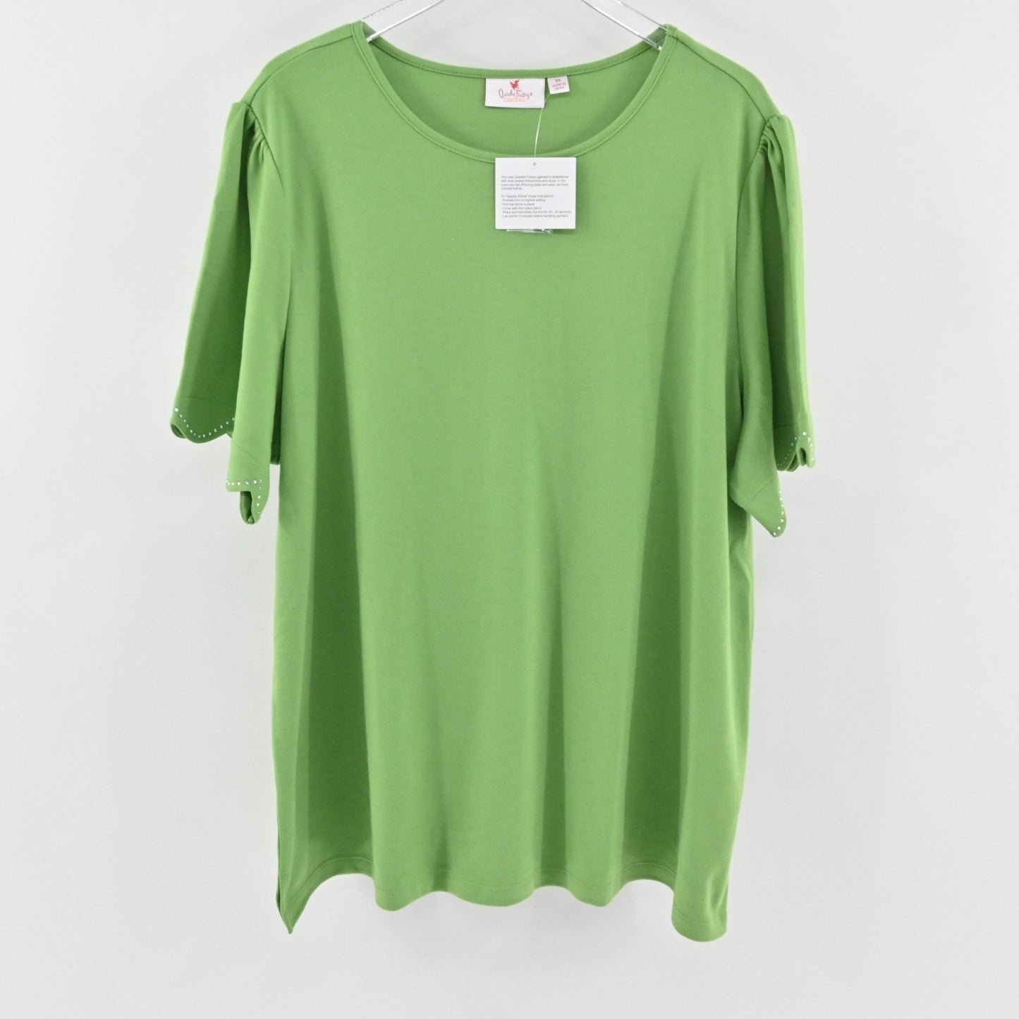 Quacker Factory Womens Scalloped Rhinestone Top Size 3X Green Short Puff Sleeve