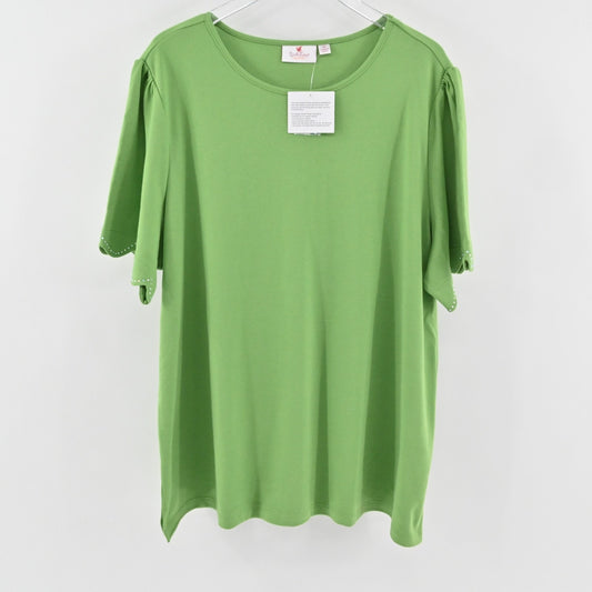 Quacker Factory Womens Scalloped Rhinestone Top Size 3X Green Short Puff Sleeve