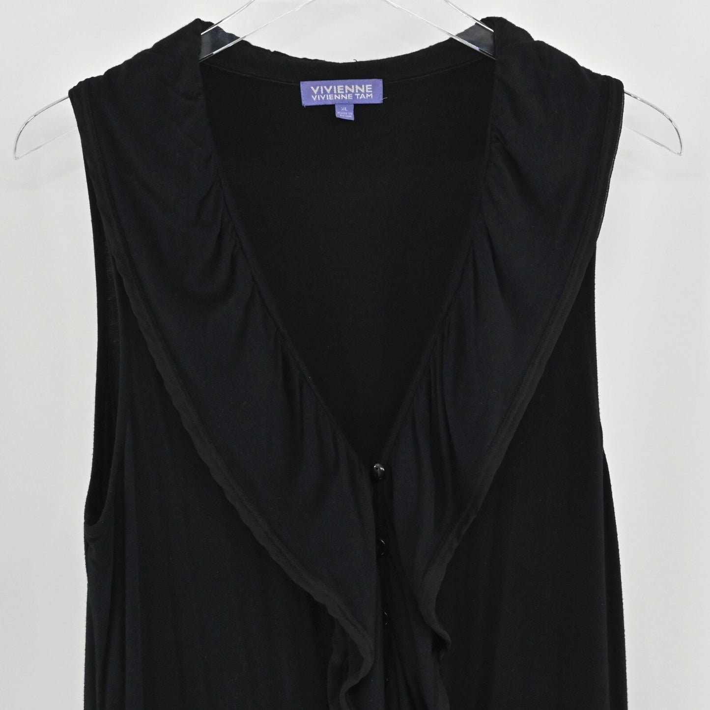 VIVIENNE TAM Womens Black Ruffle Top Size XL Blouse Sleeveless Button Front