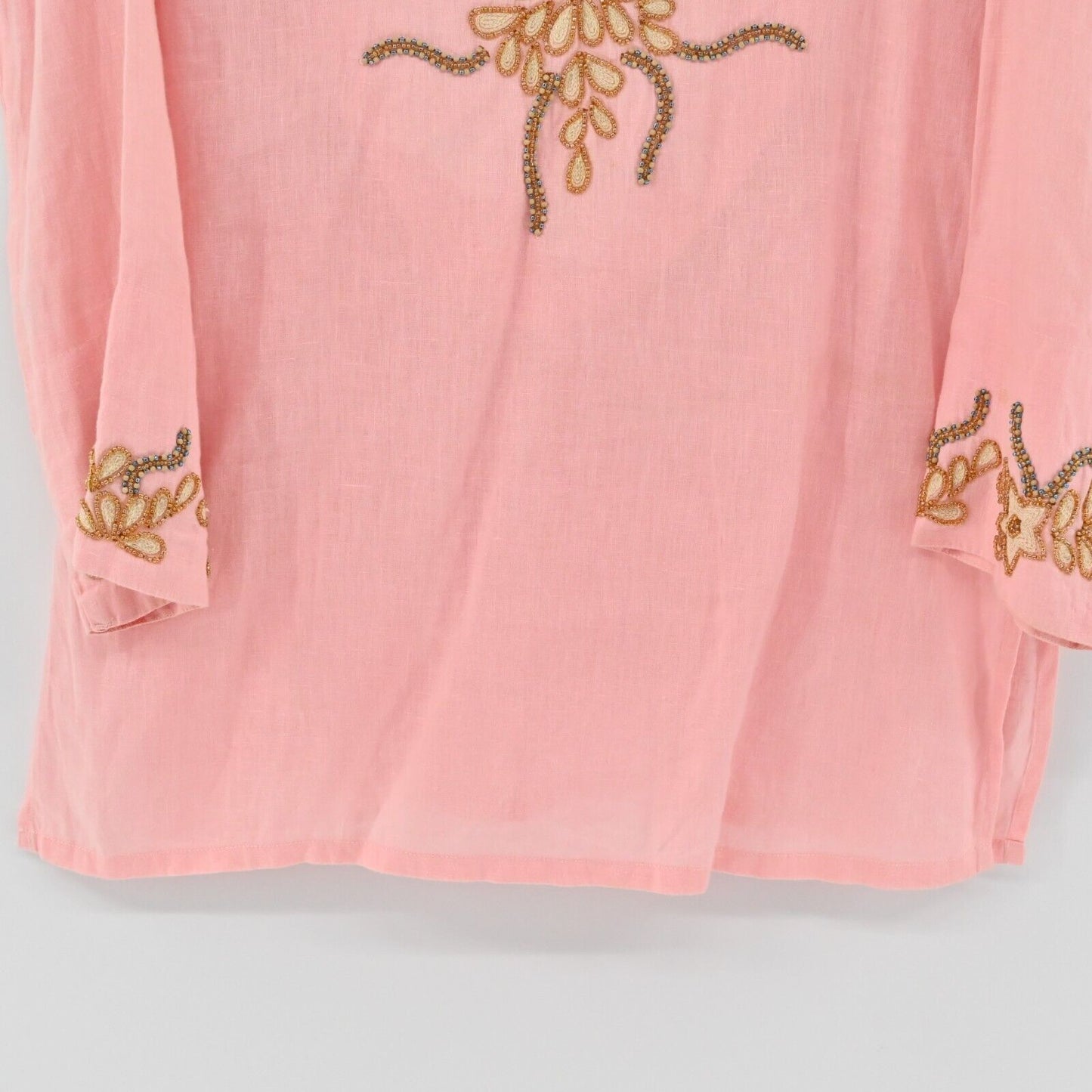 BARBARA GERWIT Top Womens Size M Linen Beaded Detail Pink Tunic Split VNeck