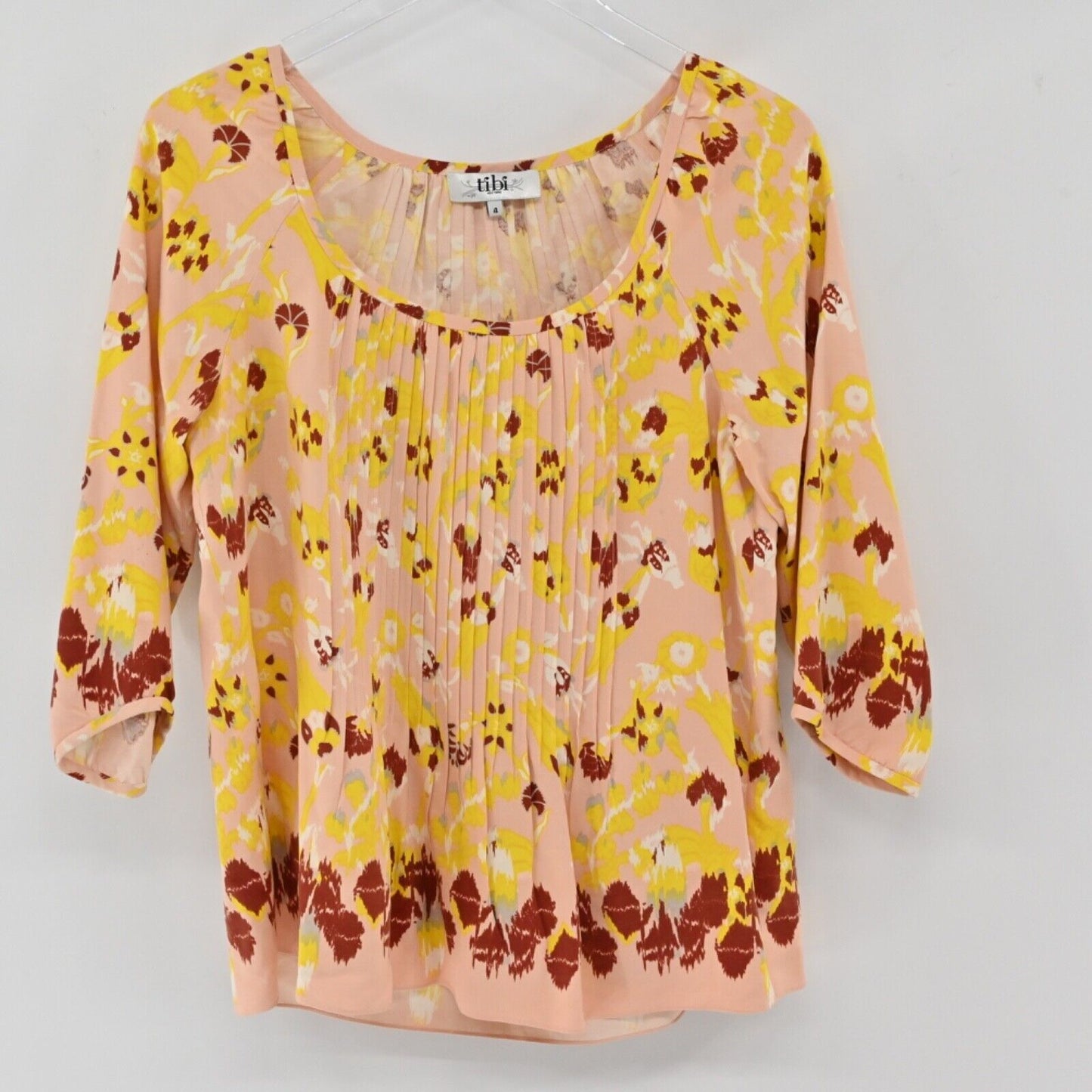 TIBI Top Womens Sz 4 Blush Pink Boho Floral 100% Silk Pleated 3/4 Sleeve Blouse