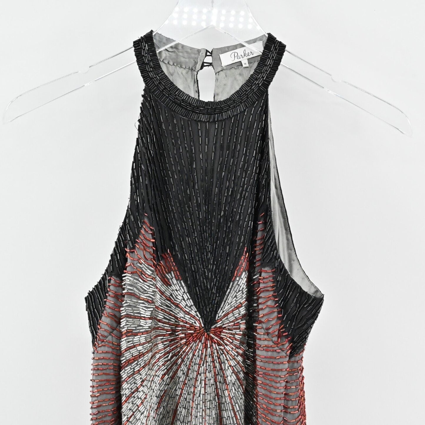 PARKER Dress Sz M Silk Beaded Isla Firecracker Starburst Poinsettia Mini Halter