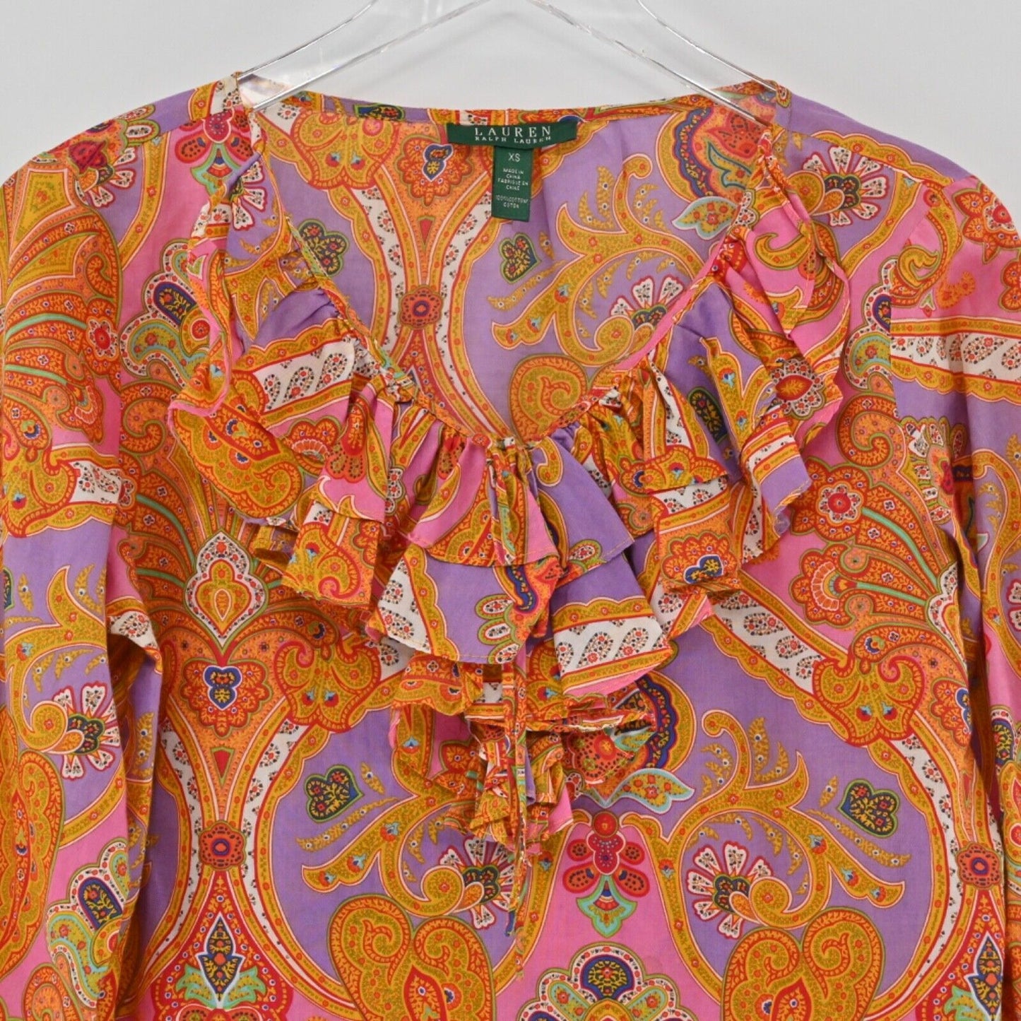 Vtg LAUREN RALPH LAUREN Top Womens Sz XS Paisley Cotton Ruffle Peasant Boho 00s
