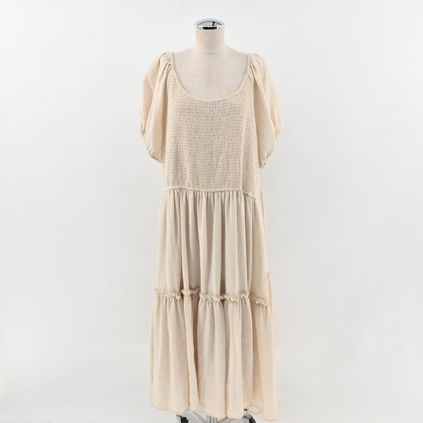 IVY CITY Co Tiered Dress Sz 3X Beige Smocked Scoop Neck Puff Sleeve Stretch Midi
