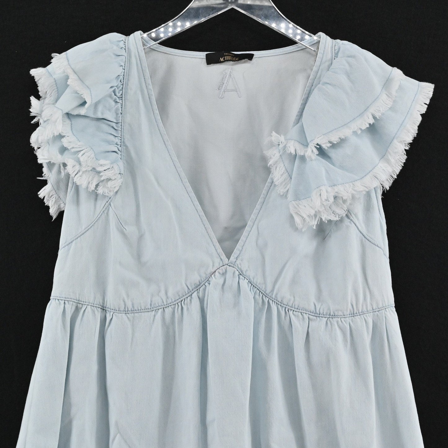 Twinset Actitude Denim Dress Frayed Sleeves Size S Blue Babydoll Ruffle Casual