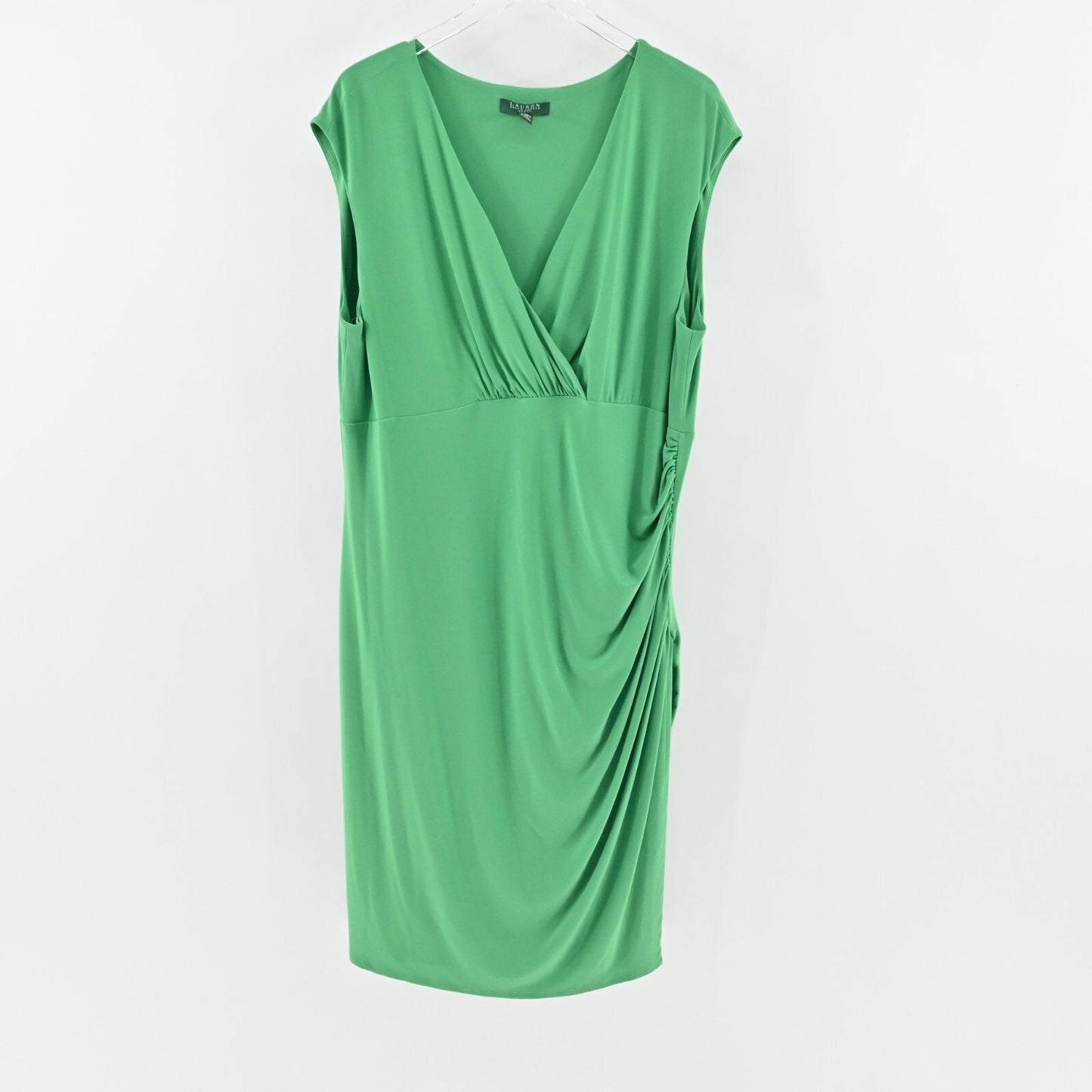 LAUREN RALPH LAUREN Dress Size 20W Solid Green VNeck Ruched Jersey Stretch LRL