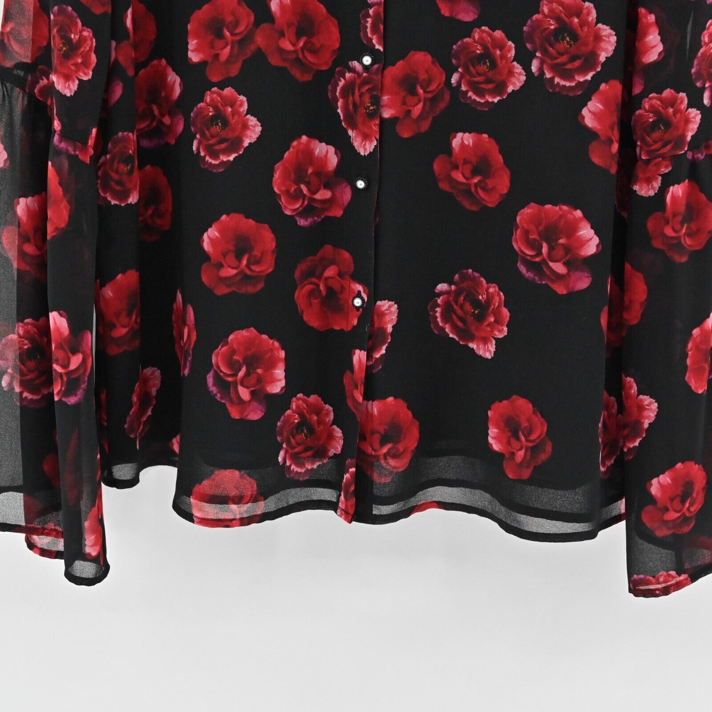 KARL LAGERFELD Top Womens Size L Red Black Floral Bell Sleeve Blouse Chiffon