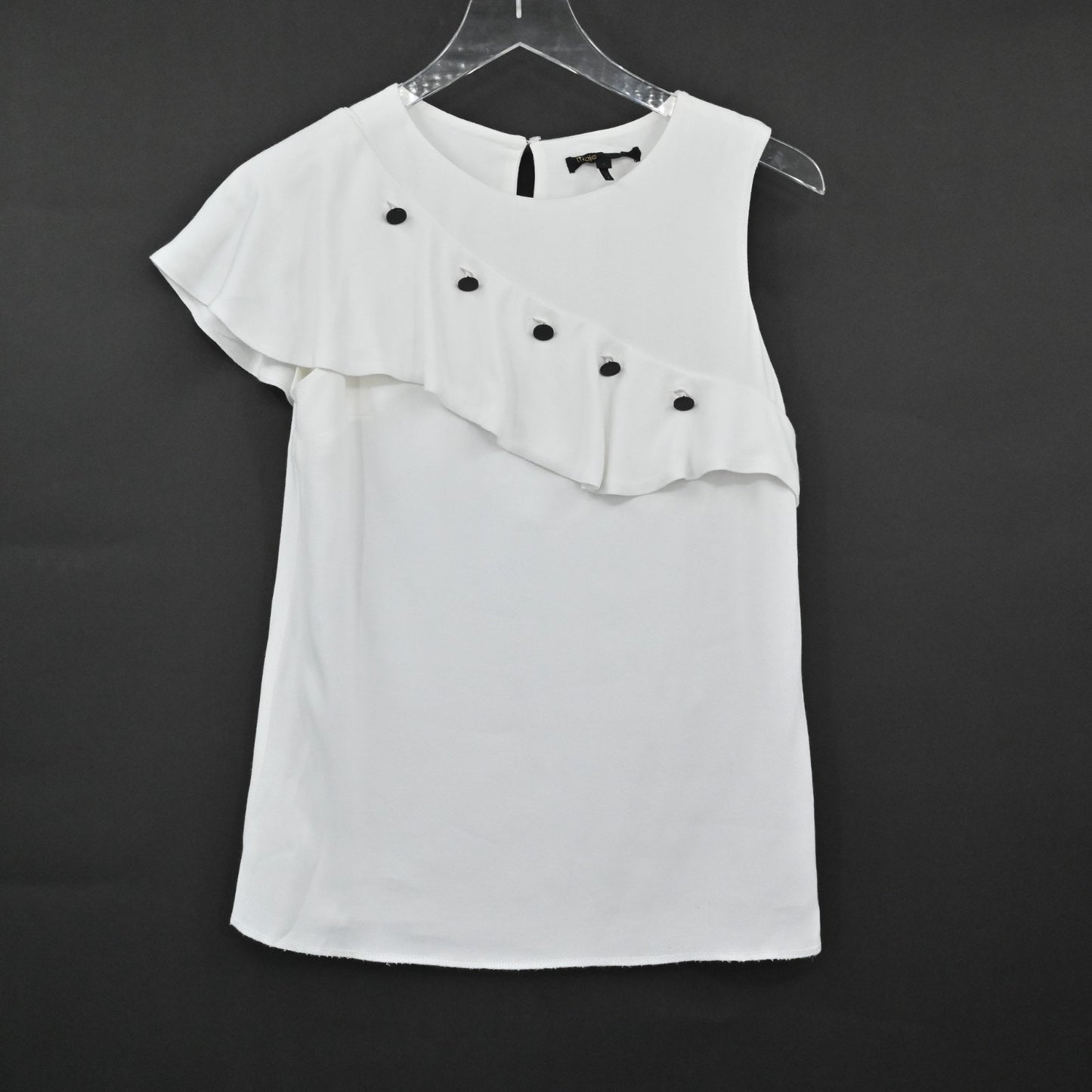 MAJE Womens Lorena White Ruffle Top Size S Sleeveless Coquette Black Buttons