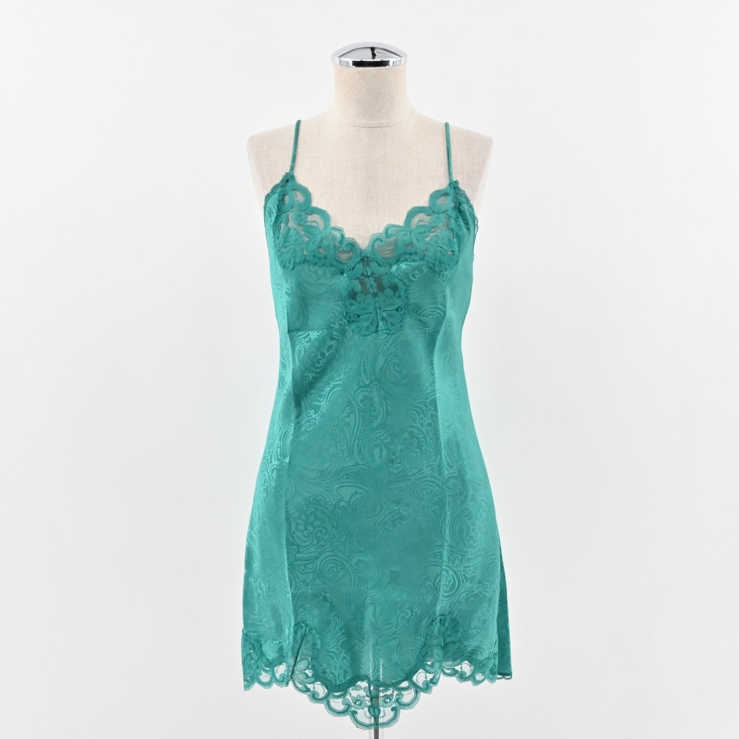 Vtg 80s Slip Dress Womens Sz S Emerald Green Sleeveless Chemise Nightie VAL MODE