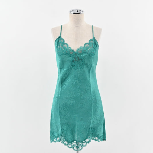 Vtg 80s Slip Dress Womens Sz S Emerald Green Sleeveless Chemise Nightie VAL MODE