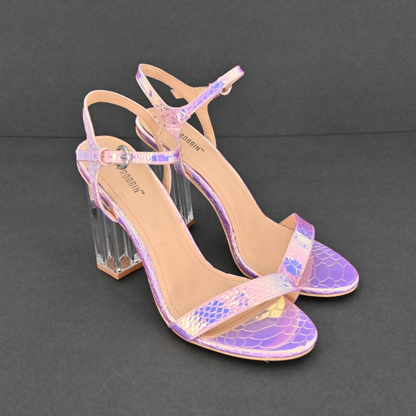 CAPE ROBBIN Heels Womens Size 8.5 Iridescent Purple Croc Clear Block Ankle Strap