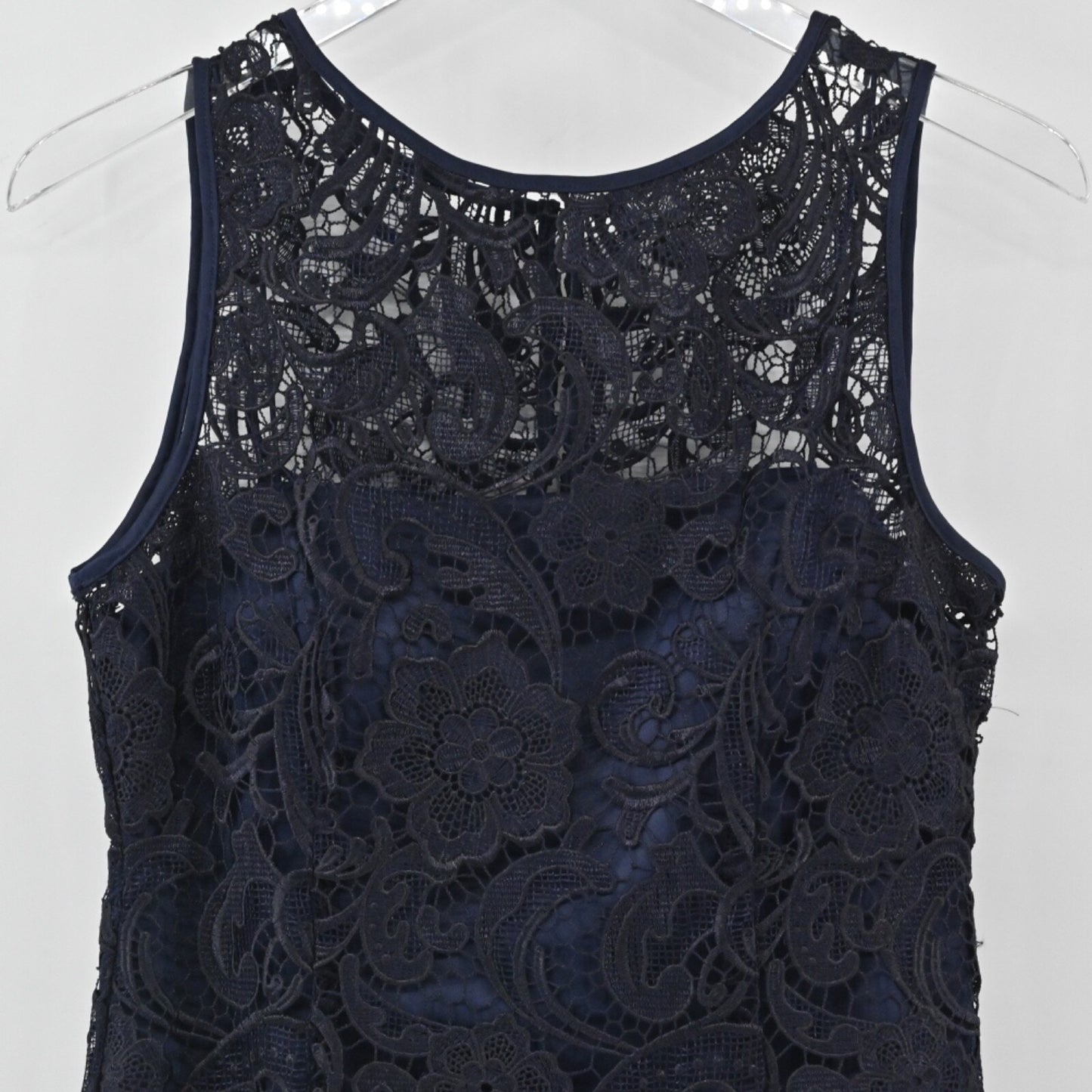 ADRIANNA PAPELL Dress Size 8 Black Blue Illusion Floral Lace Sleeveless Sheath