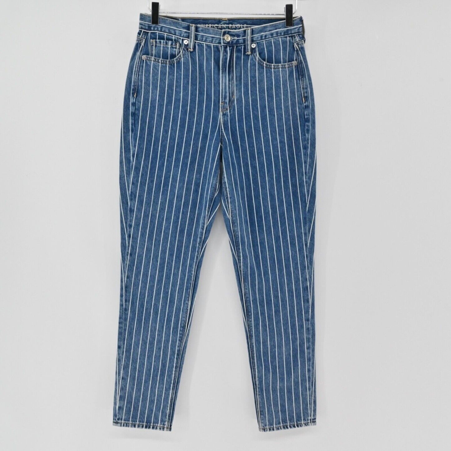 AMERICAN EAGLE Jeans Womens Sz 4 Medium Wash White Pinstripe High Rise Mom NEW