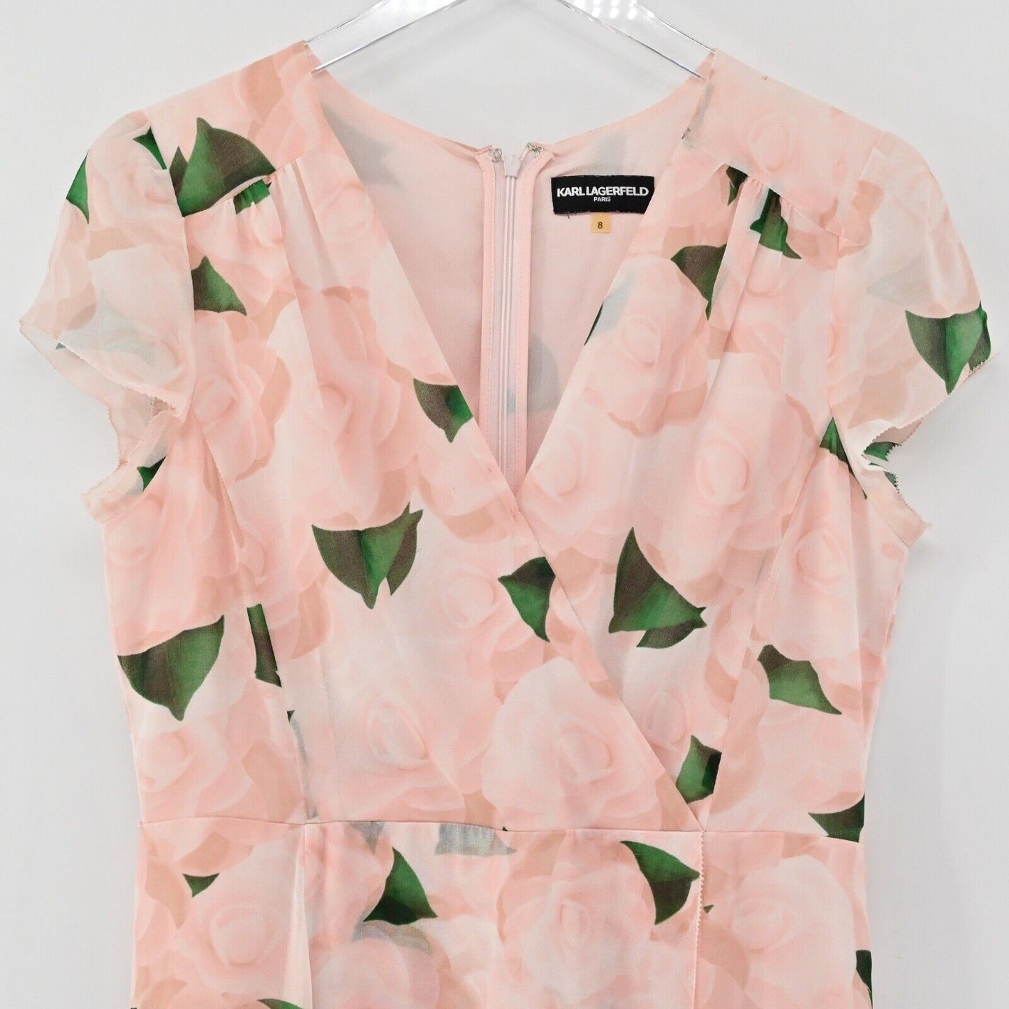 KARL LAGERFELD Dress Womens Size 8 Pink Floral Chiffon Flutter Sleeve Faux Wrap