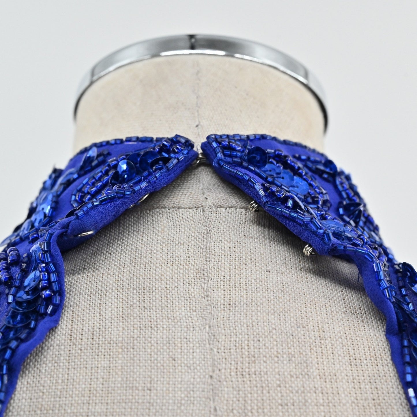 Vtg 80s Niteline Silk Beaded Sequin Dress Size 6 Blue Cocktail High Neck Fringe