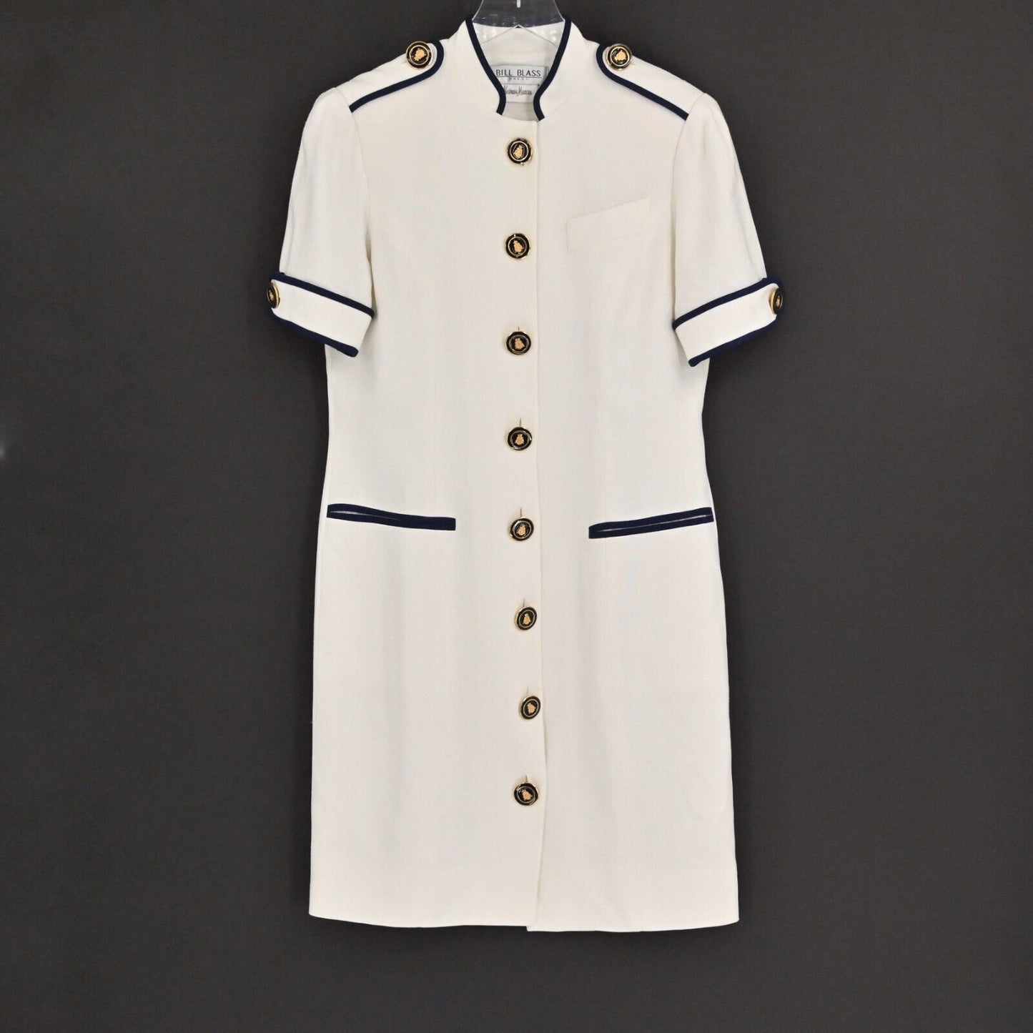 Vtg BILL BLASS Dress Womens Size 6 Navy Button Front Epaulet Preppy Nautical 80s