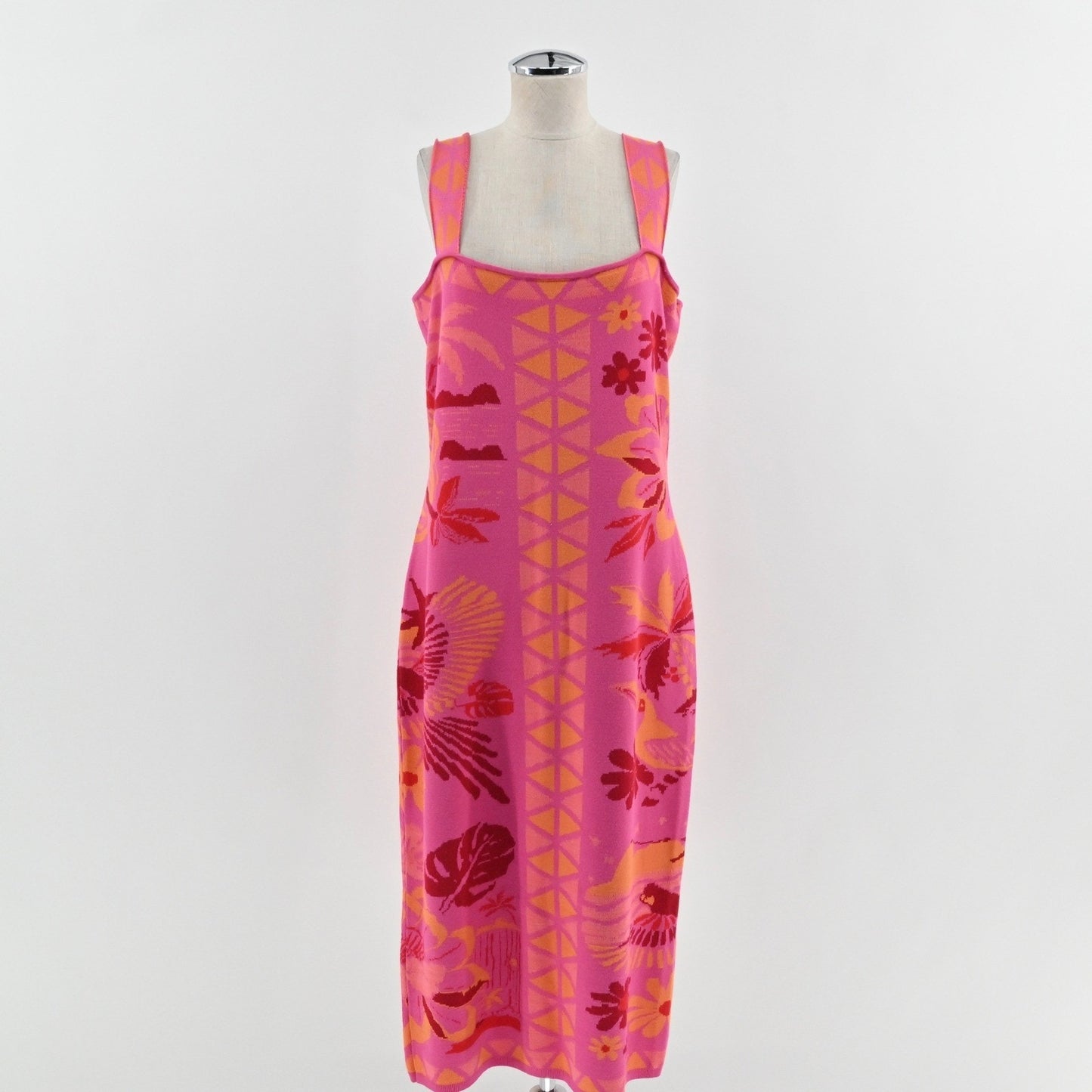 Farm Rio Square Neck Sweater Dress Size XL Sleeveless Midi Pink Tropical Floral