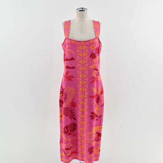 Farm Rio Square Neck Sweater Dress Size XL Sleeveless Midi Pink Tropical Floral