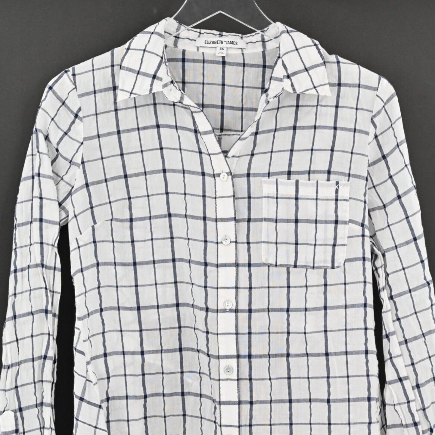 ELIZABETH JAMES Top Womens Sz XS Thatcher Button Down Shirt White Plaid Tie Back