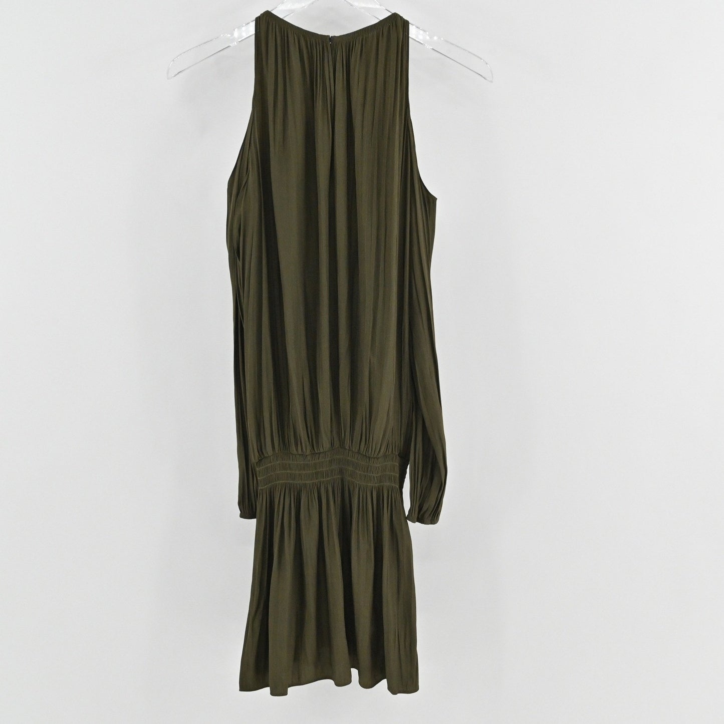 Ramy Brook Lauren Cold Shoulder Dress XXS Olive Green Pleated Earthy Ethereal