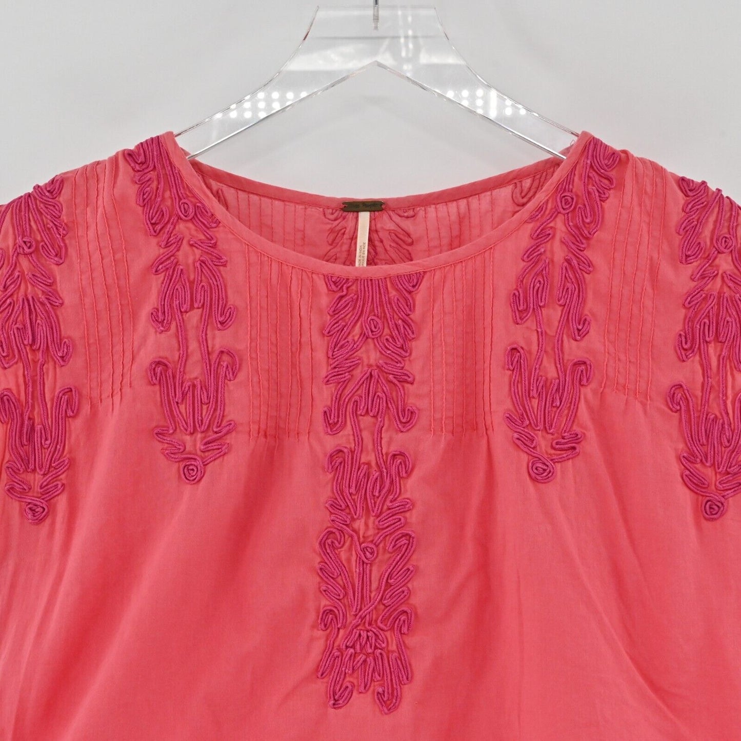 FREE PEOPLE Top Womens Size S Pink Lightweight Embroidered Detail Boho Blouse