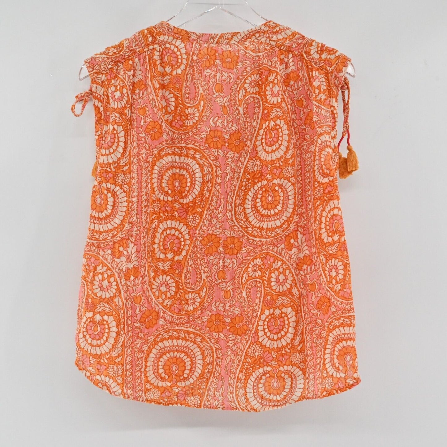 ANTHROPOLOGIE Top Womens Sz Small Orange Printed Tassel Tie Shoulder Boho Blouse