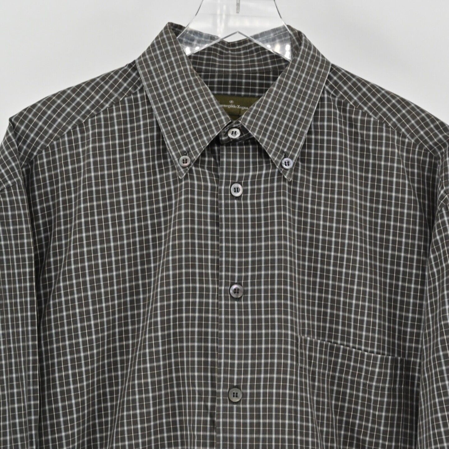 Vtg ERMENEGILDO ZEGNA Dress Shirt Mens Sz XL Black Plaid Button Down Cotton 90s