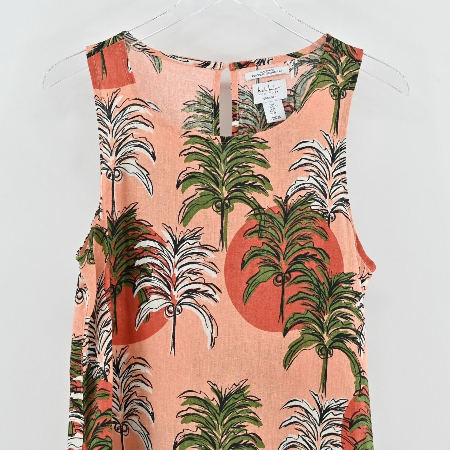 Nicole Miller Tropical Linen Dress Size M Palm Tree Sleeveless Island Vacation