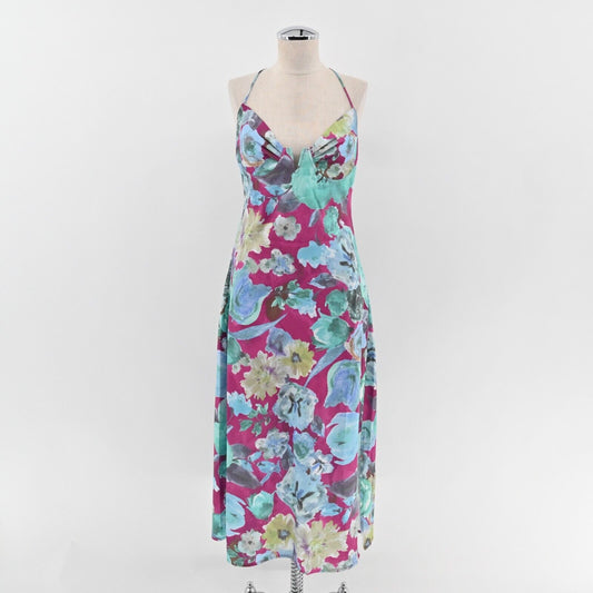 ACOA Dress Size M Blue Magenta Floral Print Strapless V Neck Midi Slip Vacation