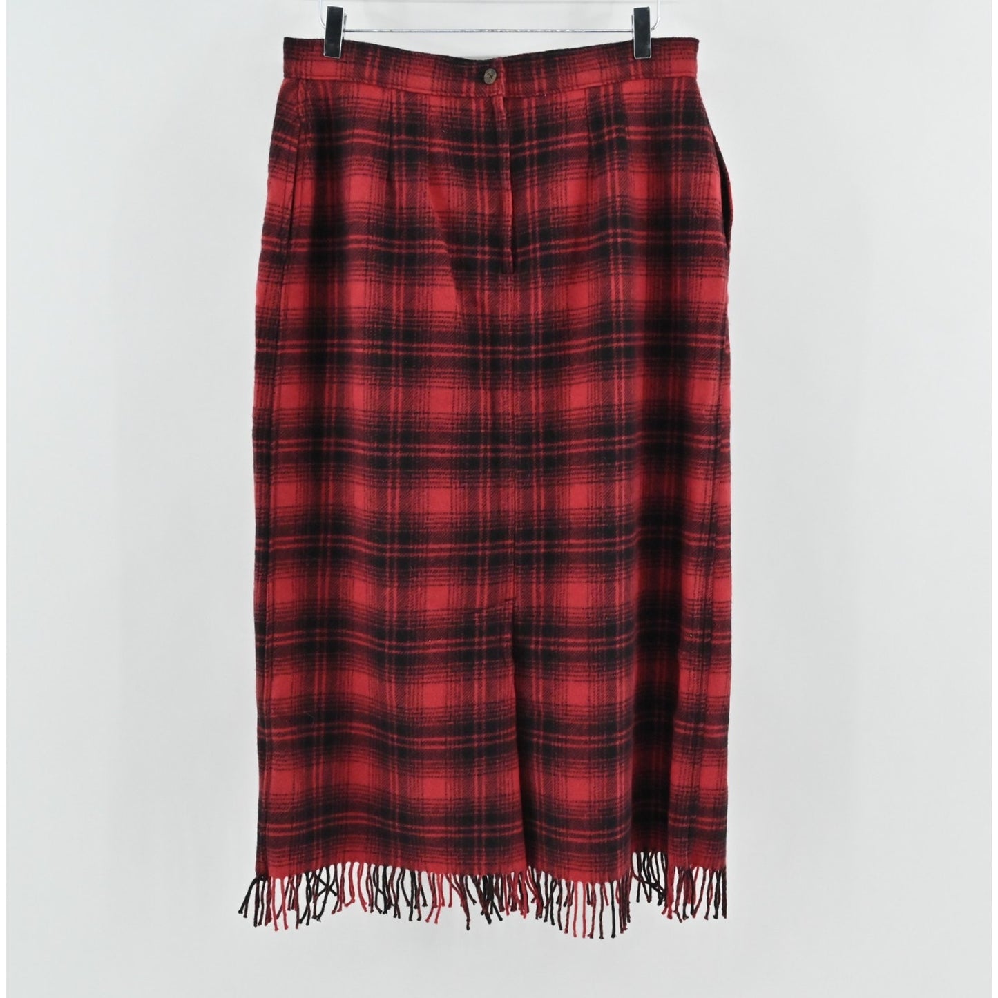 VTG Woolrich Womens Wool Plaid Skirt 16 Midi Red Black Fringe Deadstock Holiday