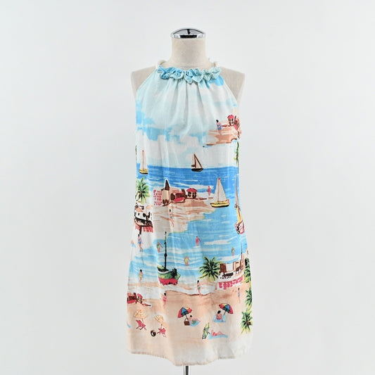 London Times Womens Linen Halter Dress Size 4 Multicolor Beach Print Resort