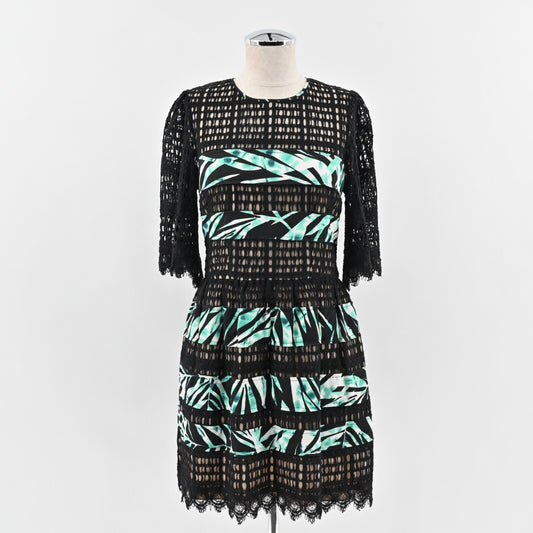 BCBGMAXAZRIA Dress Sz 4 Layna Palms Print Black Teal Lace Trim Half Sleeve Mini