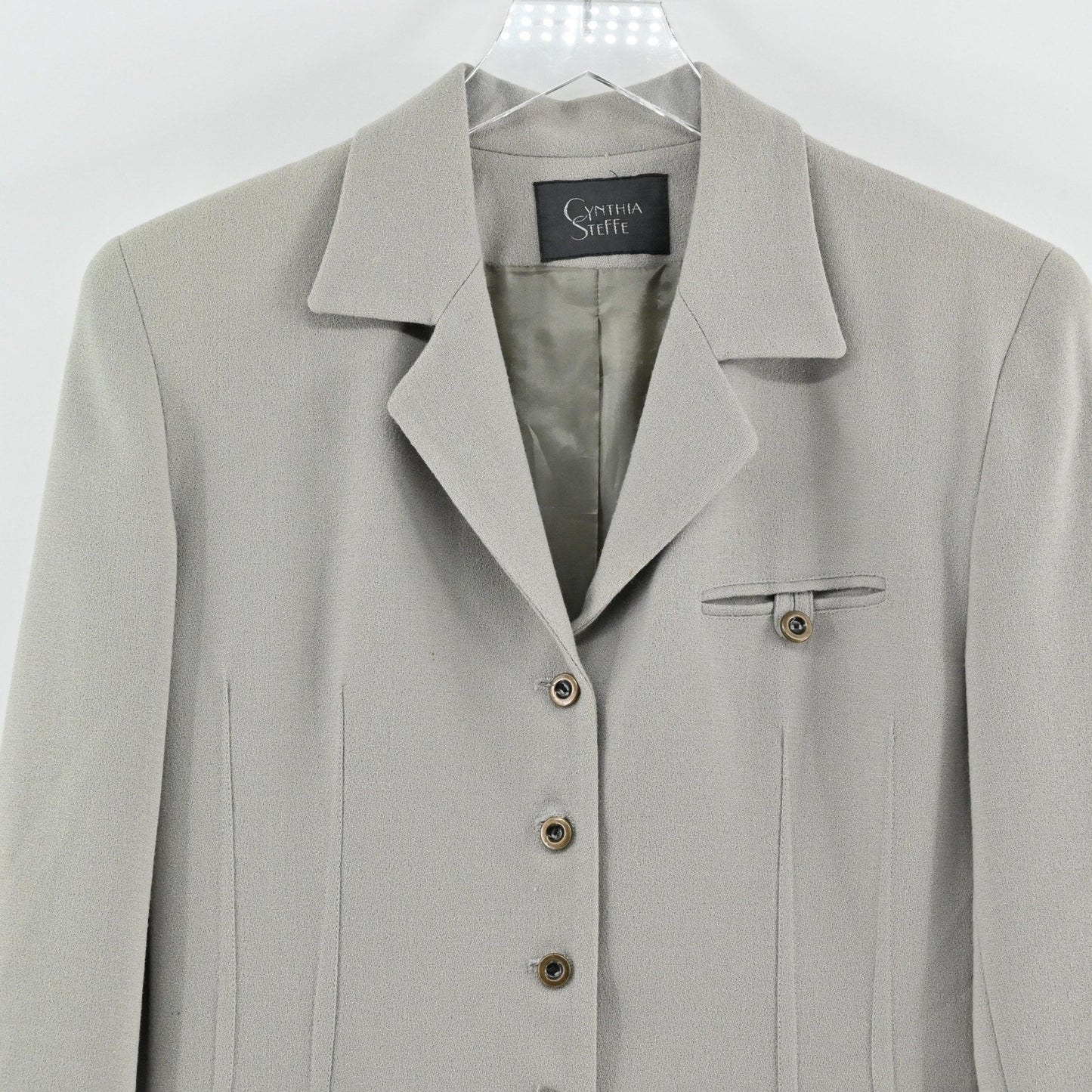 Vtg Cynthia Steffe Womens Wool Blazer Size 6 Gray Longline Jacket Button Front