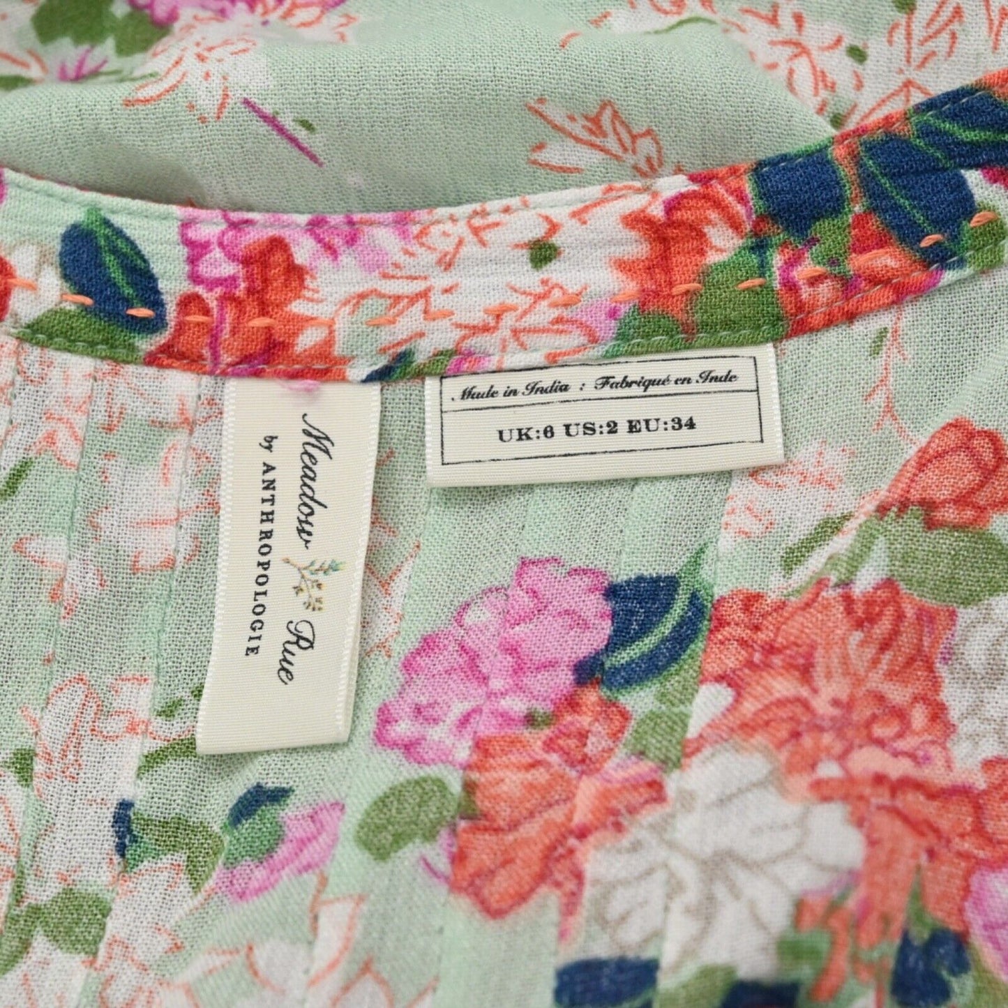 Anthropologie Top Womens Sz 2 MEADOW RUE Sleeveless Button Up Green Floral Lace
