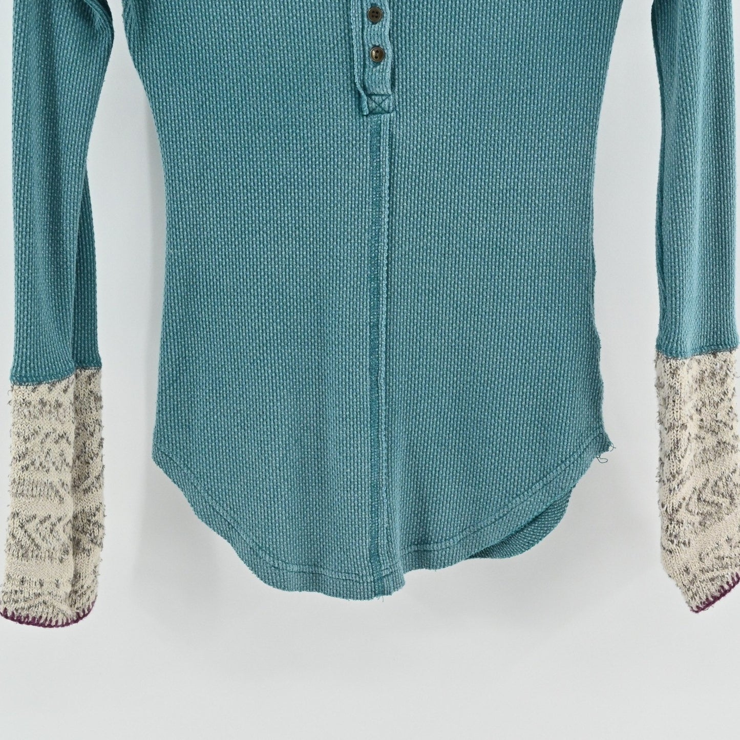 Free People Womens Apline Top Size XS Teal Thermal Waffle Knit Cuff Henley Boho