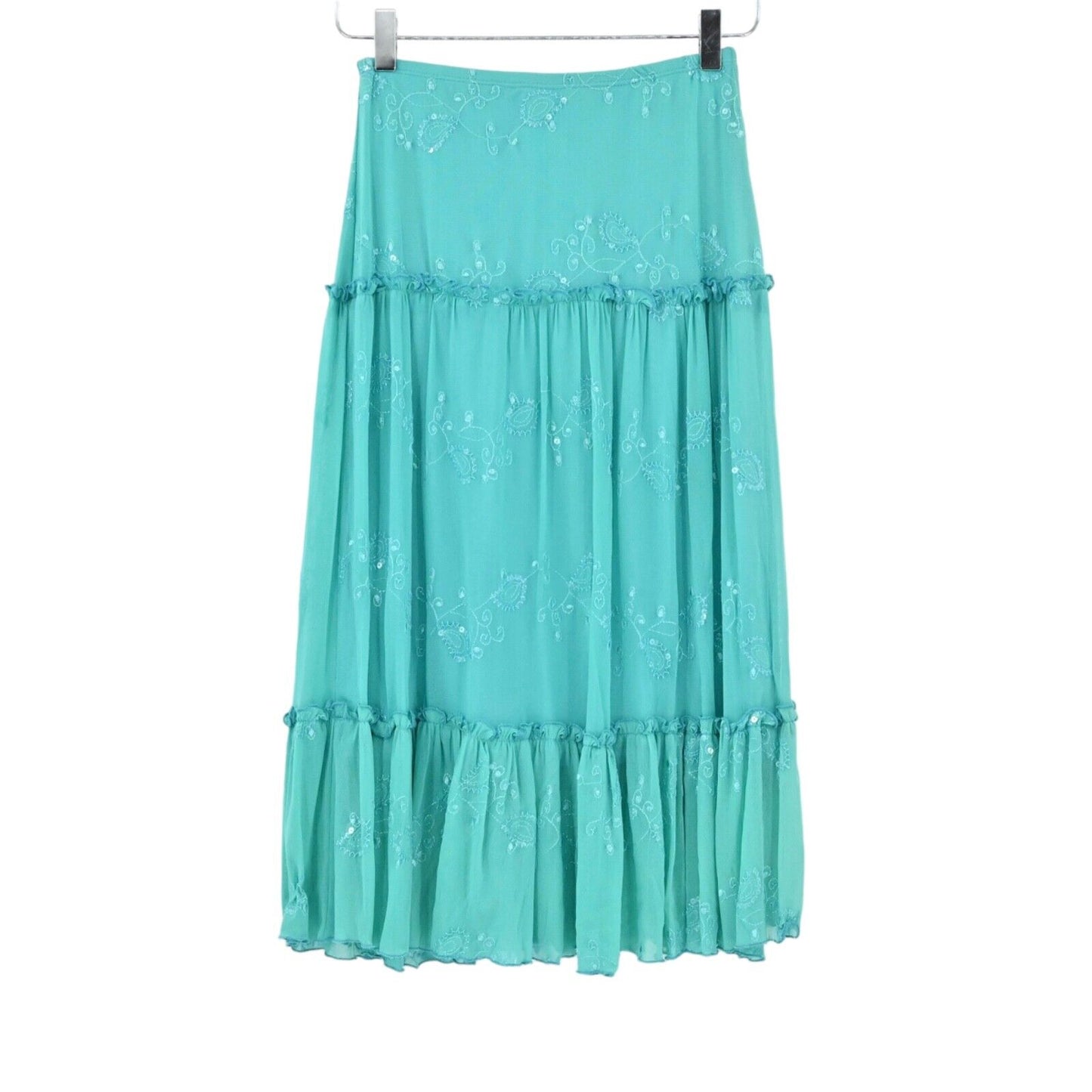 Vintage WHIZ Skirt Womens Sz S Teal Paisley Tiered Ruffle Embroidered Sequin Y2K