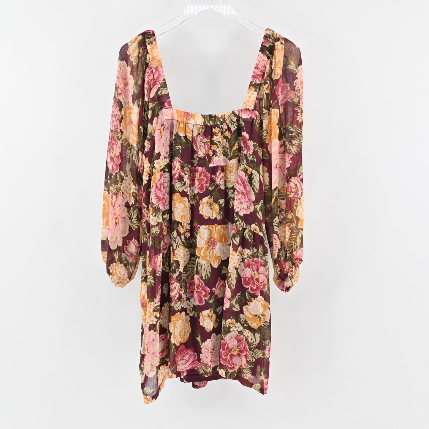 EN CREME Floral Boho Dress Size L Tiered Ruffle Balloon Sleeve Square Neck Retro