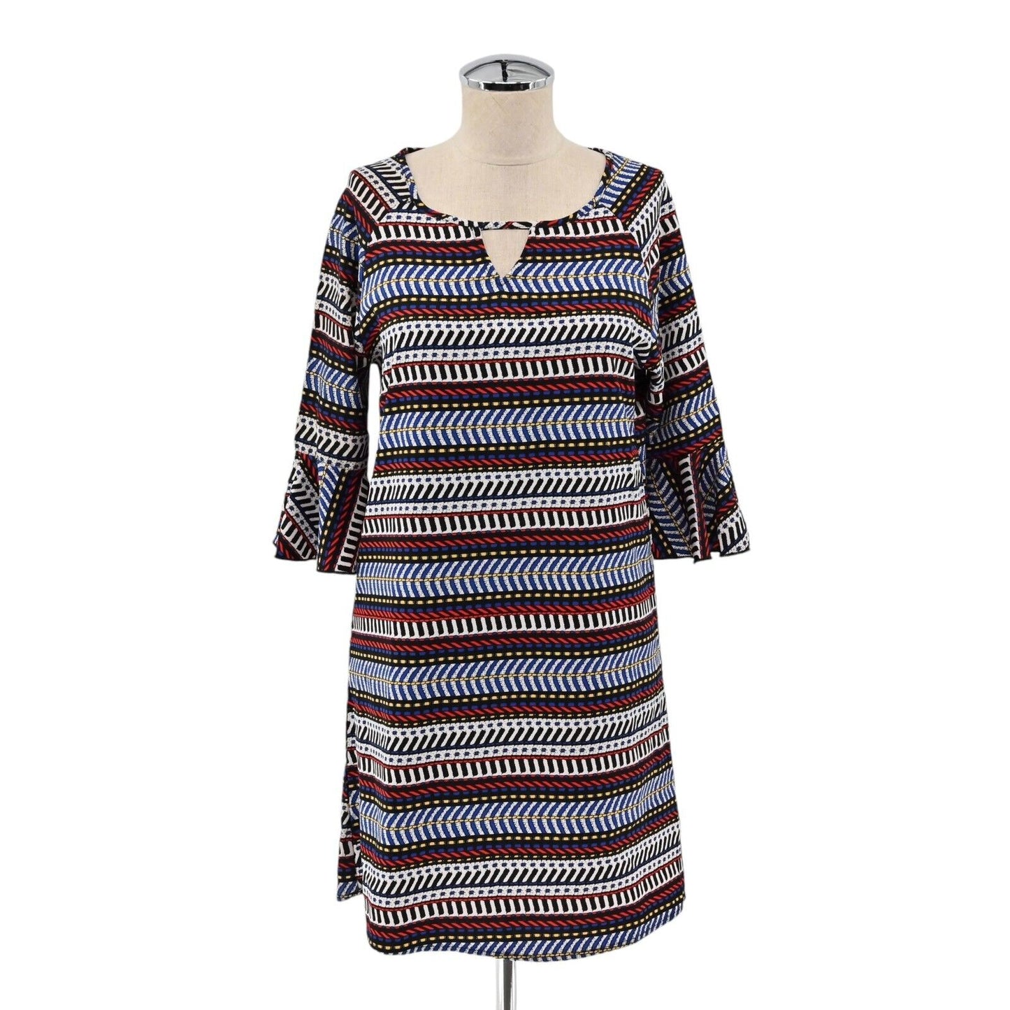 MOLLY BRACKEN Dress Women Sz XS Stripe Print Keyhole Neck Half Bell Sleeve Shift