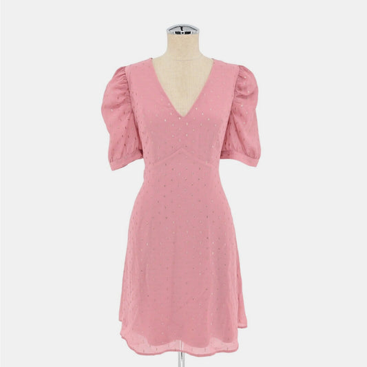 EXPRESS Dress Sz M Pink Gold Metallic Clip Dot Puff Sleeve Coquette Ballet Retro