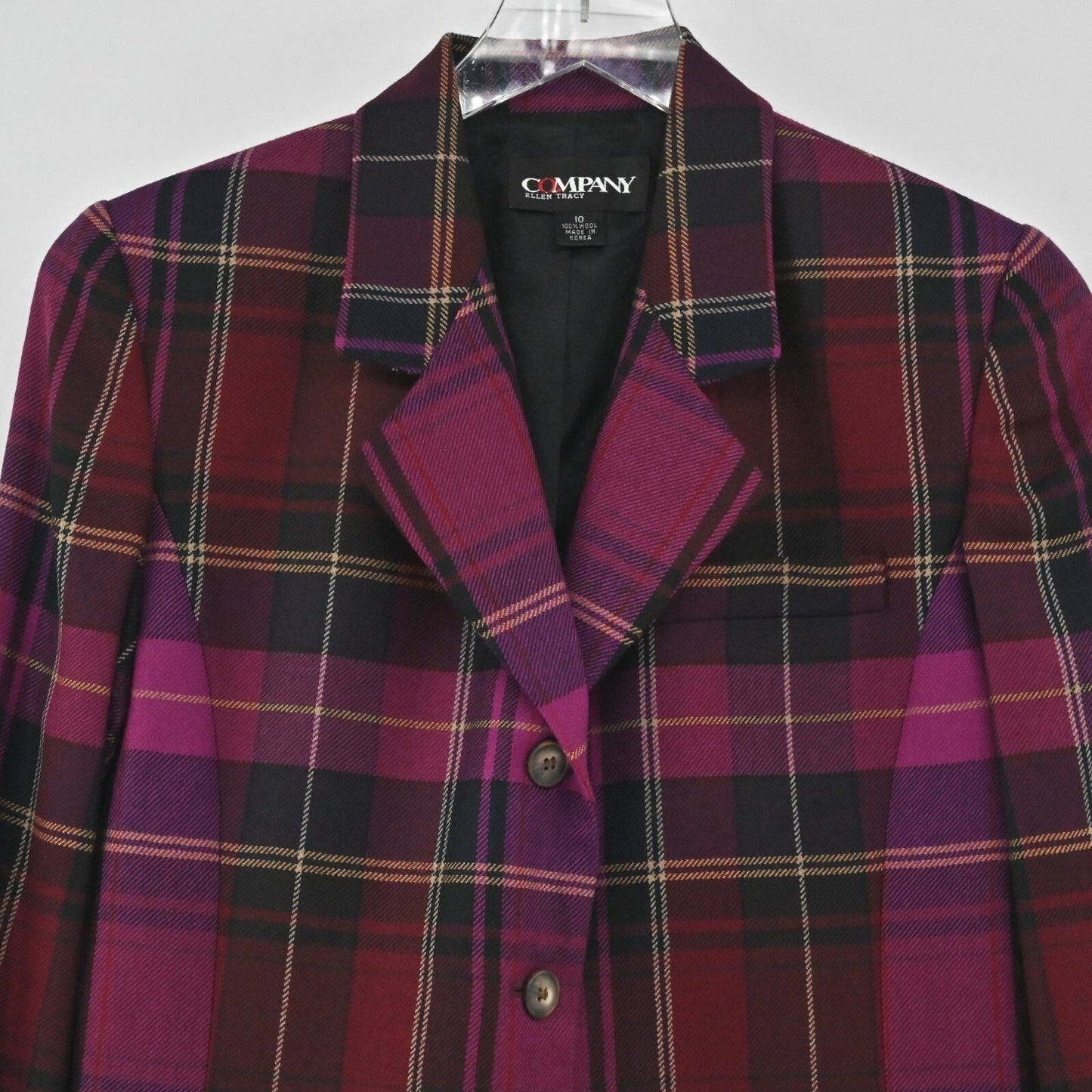 Vtg ELLEN TRACY Womens Wool Plaid Blazer Size 10 Purple Preppy Dark Academia Y2k