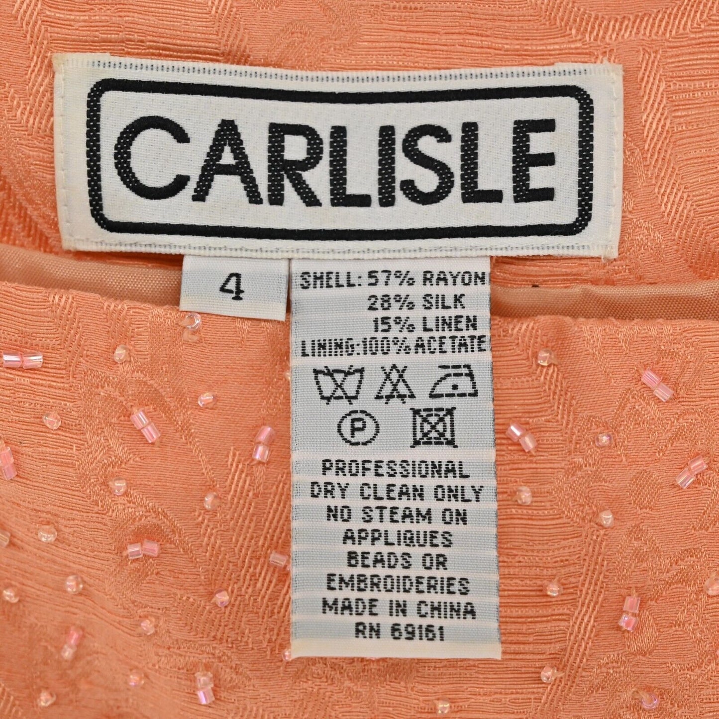 Vtg CARLISLE Set Womens Sz 4/6 Coral Beaded Square Tank Jacquard Straight Pants