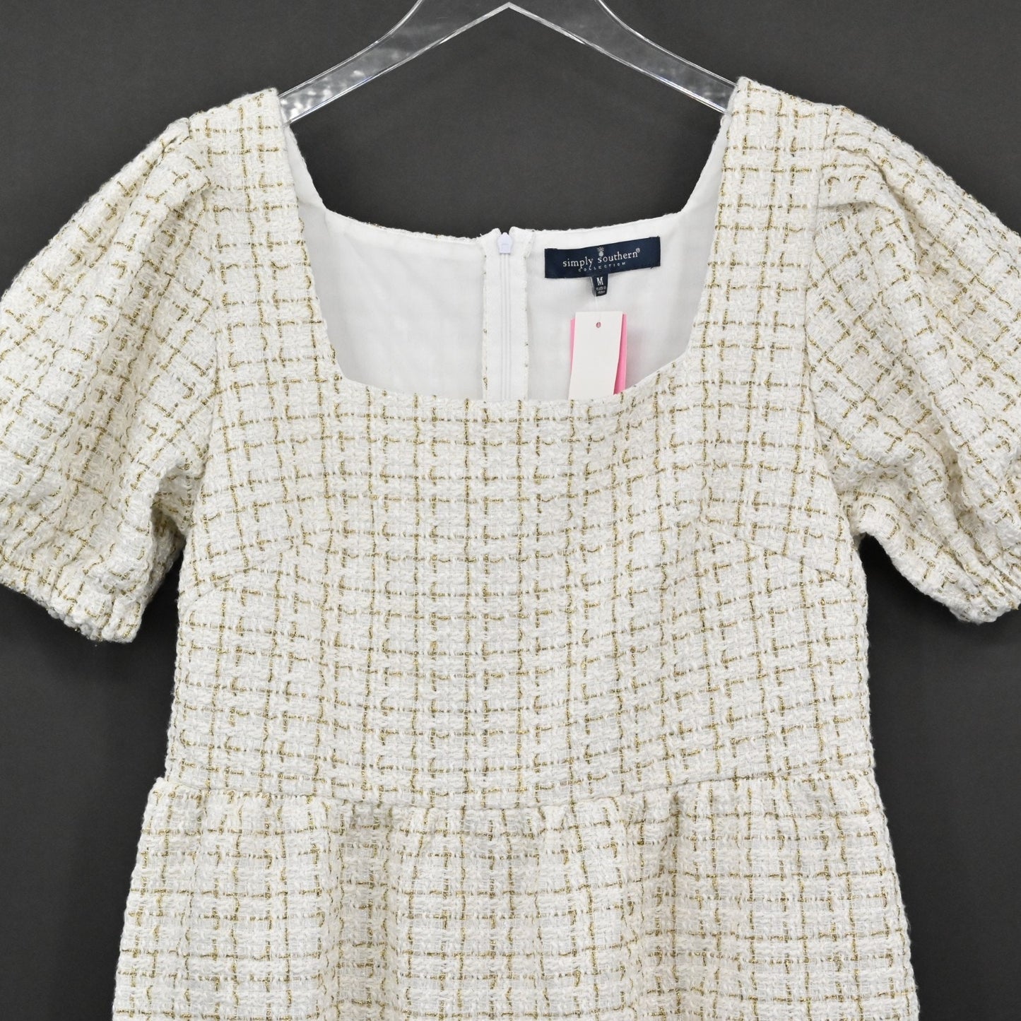 Simply Southern Tweed Puff Sleeve Dress Size M Square Neck Tiered Ivory Gold NEW