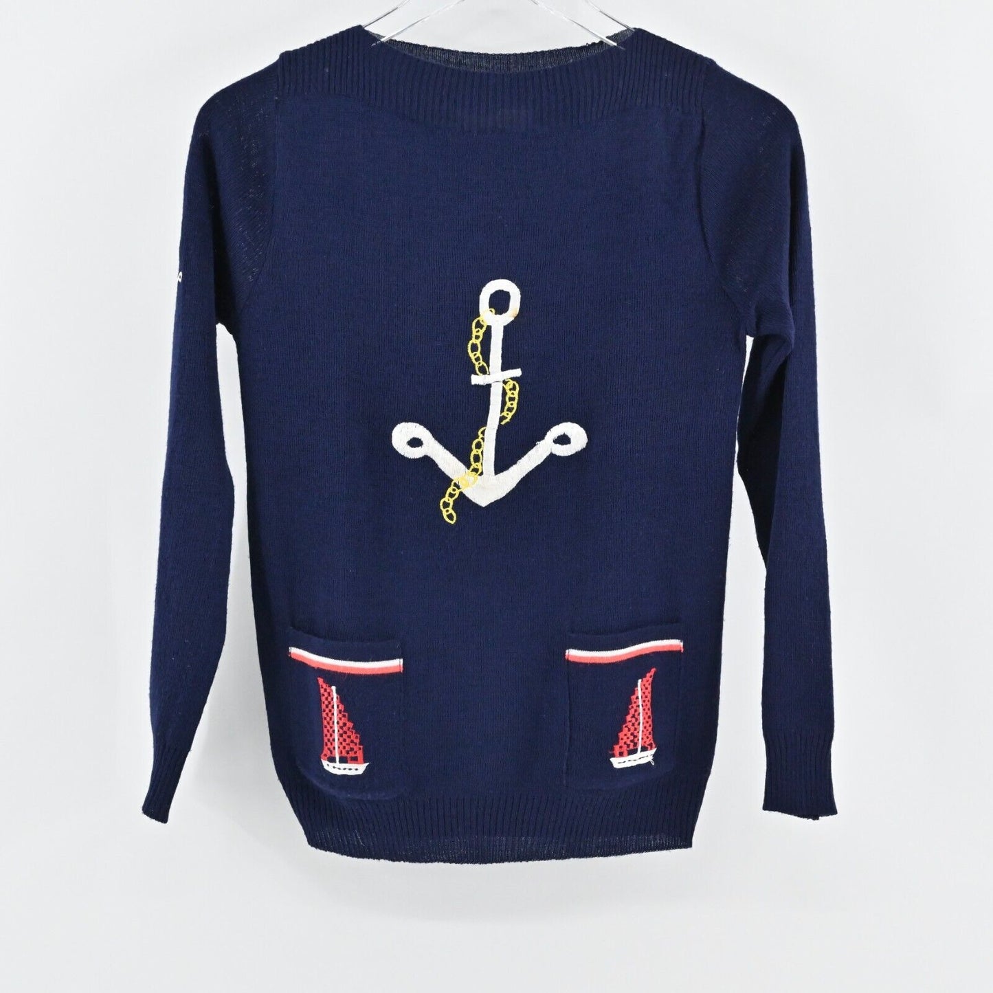 True Vintage Sweater Womens Sz M Navy Red Anchor Nautical Sailor Sailboat 1960s