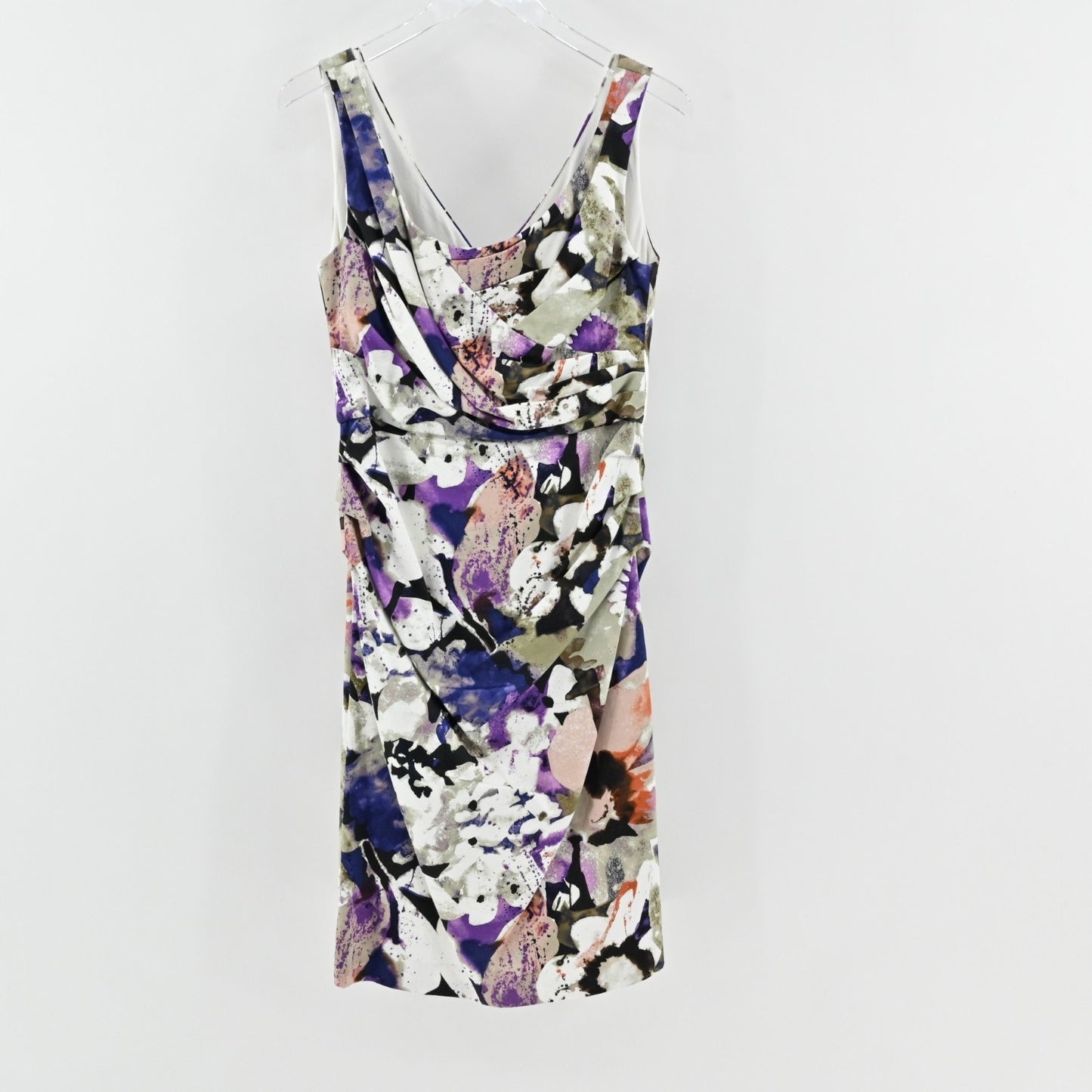 Suzi Chin Floral Pleated Sleeveless Dress Sz 14 Garden Party Ruched Square Neck